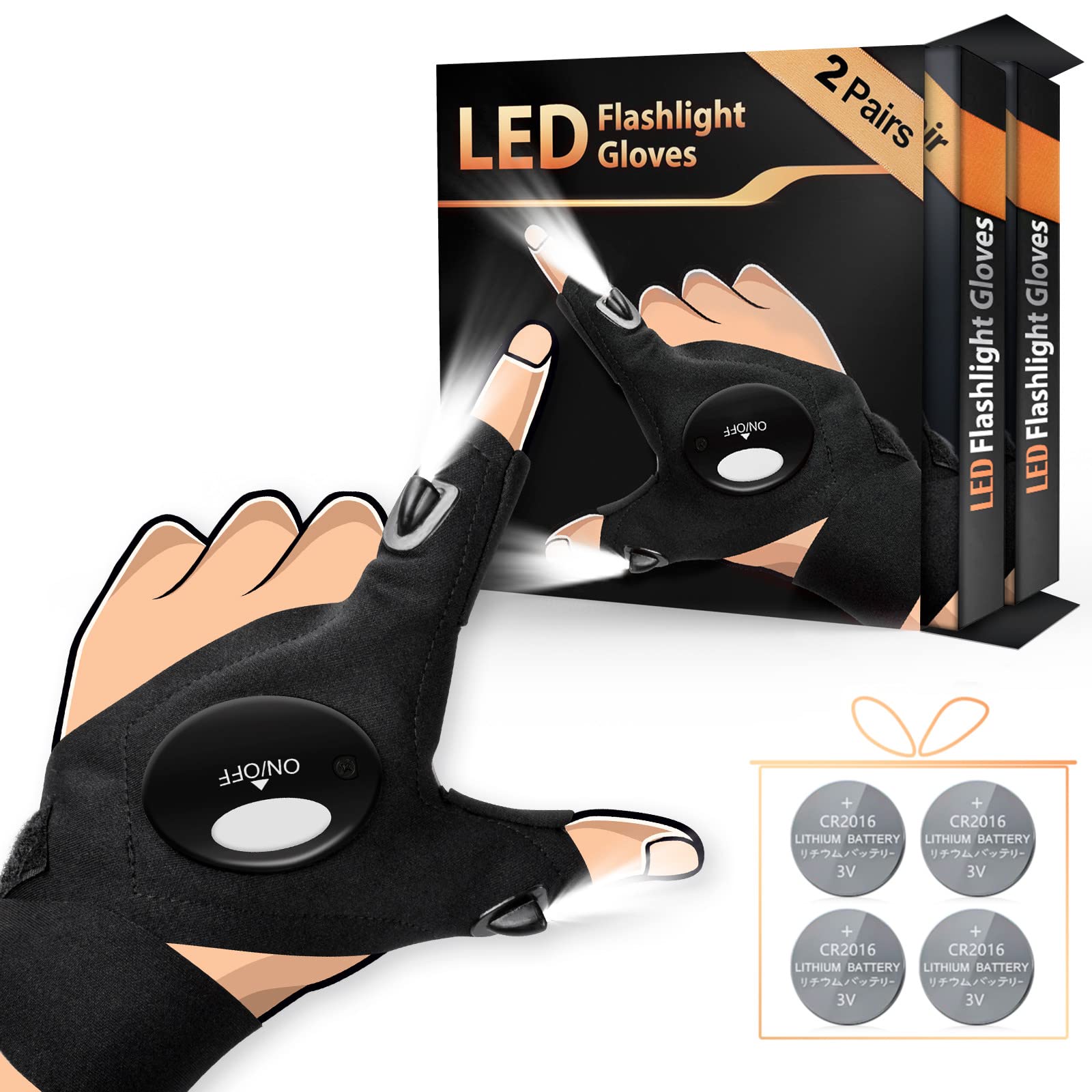 HANPURE HANPURE LED Flashlight Gloves Stocking Stuffers for Adults Men Christmas Birthday Gift Idea for Dad Husband Him Boyfriend (2 Pack(with Replaceable Batteries))