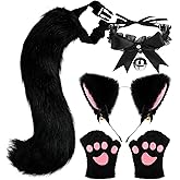 Cat Ears and Tail,Wolf Fox Ears Long Tail and Bell Lace Choker Set for Halloween,Animal Cosplay Party Costume