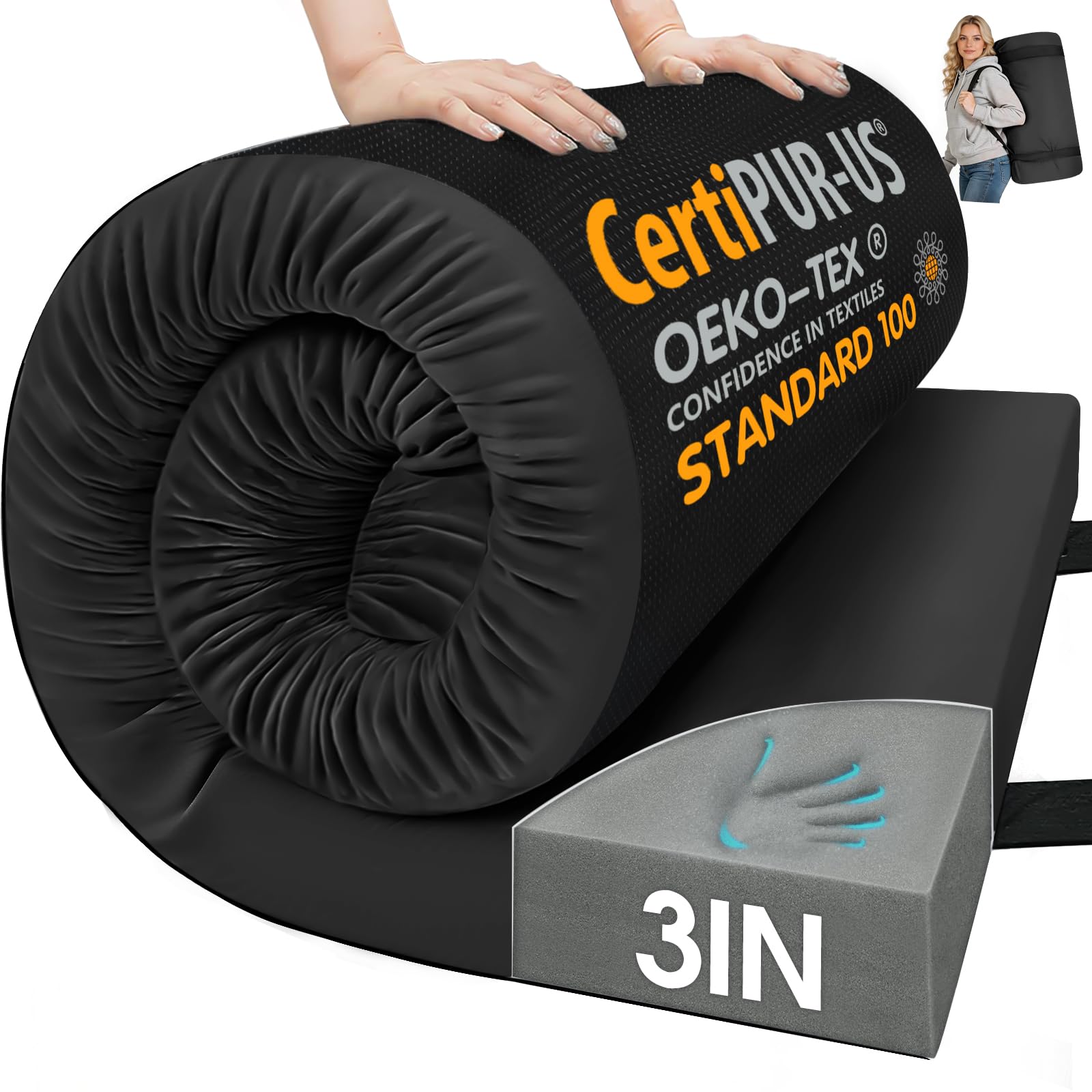 CYMULA Memory Foam Camping Mattress Pad,3in Sleeping Pad for Camping,Non-Slip Bottom Floor Cot Mattress for Adults,Portable Roll up Mattress Pad Mat for Travel Hiking,Guest Bed Tent(Cot 72 * 24 * 3) Image