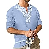 JoZorro Mens Polyester Linen V Neck Henley Shirt Long Sleeve Caftan Handmade Tunic Embroidered Casual Beach T Shirts