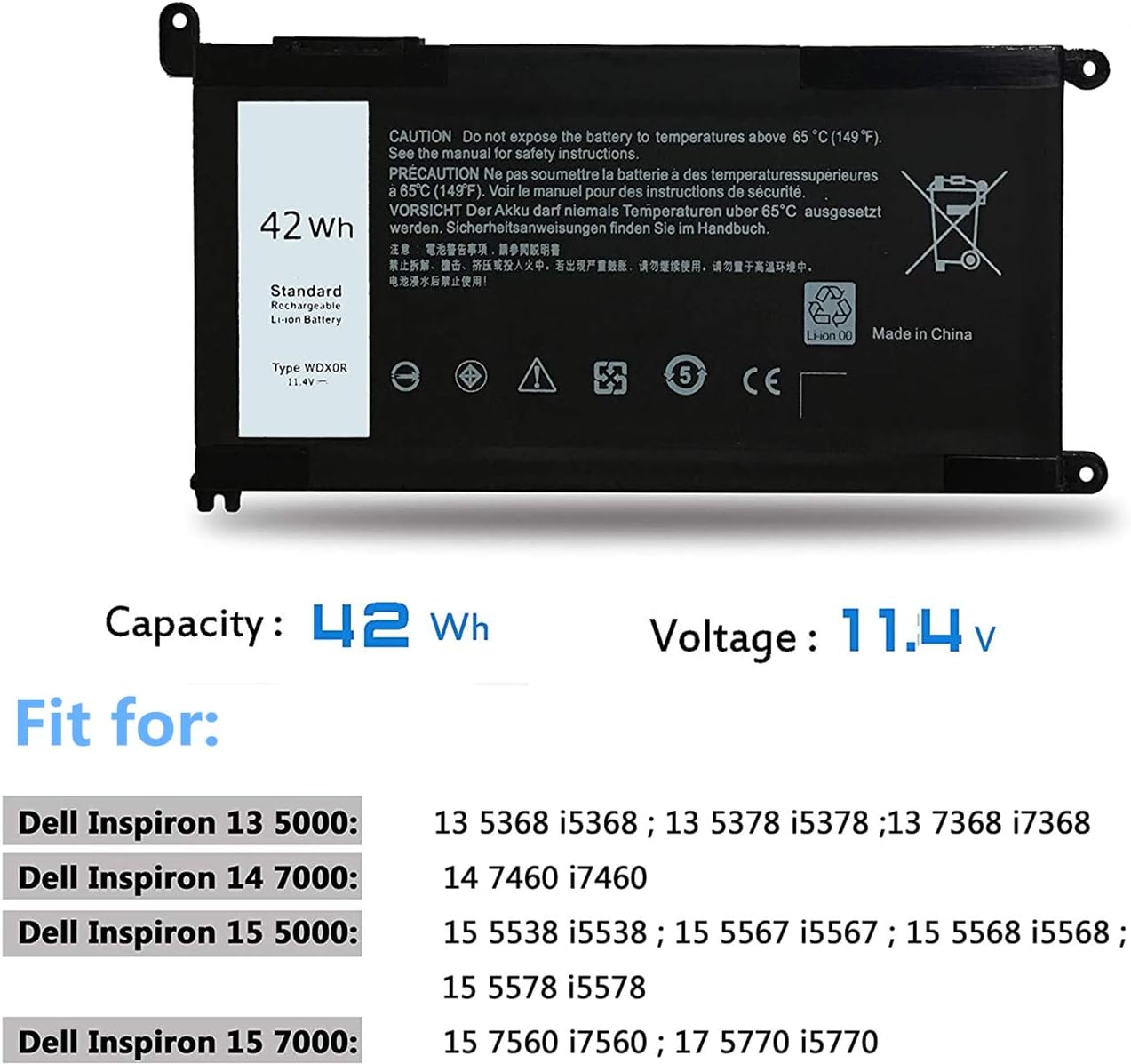 WDX0R Battery T2JX4 for Dell Inspiron 13-5000 13-7000 15-5000 15-7000 17-5000 P32E Series 17 5765/13 5368 5378 5379 7368 7378/14 7460/15 5538 5566 5567 5568 5570 5578 7560 7570 7569 5770 7579 - Image 4