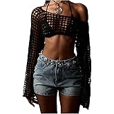 GORGLITTER Women's Crochet Cover Up Top Y2K Hollow Out See Through Crop Bolero Shrug Summer Outfits 2026 Black Small