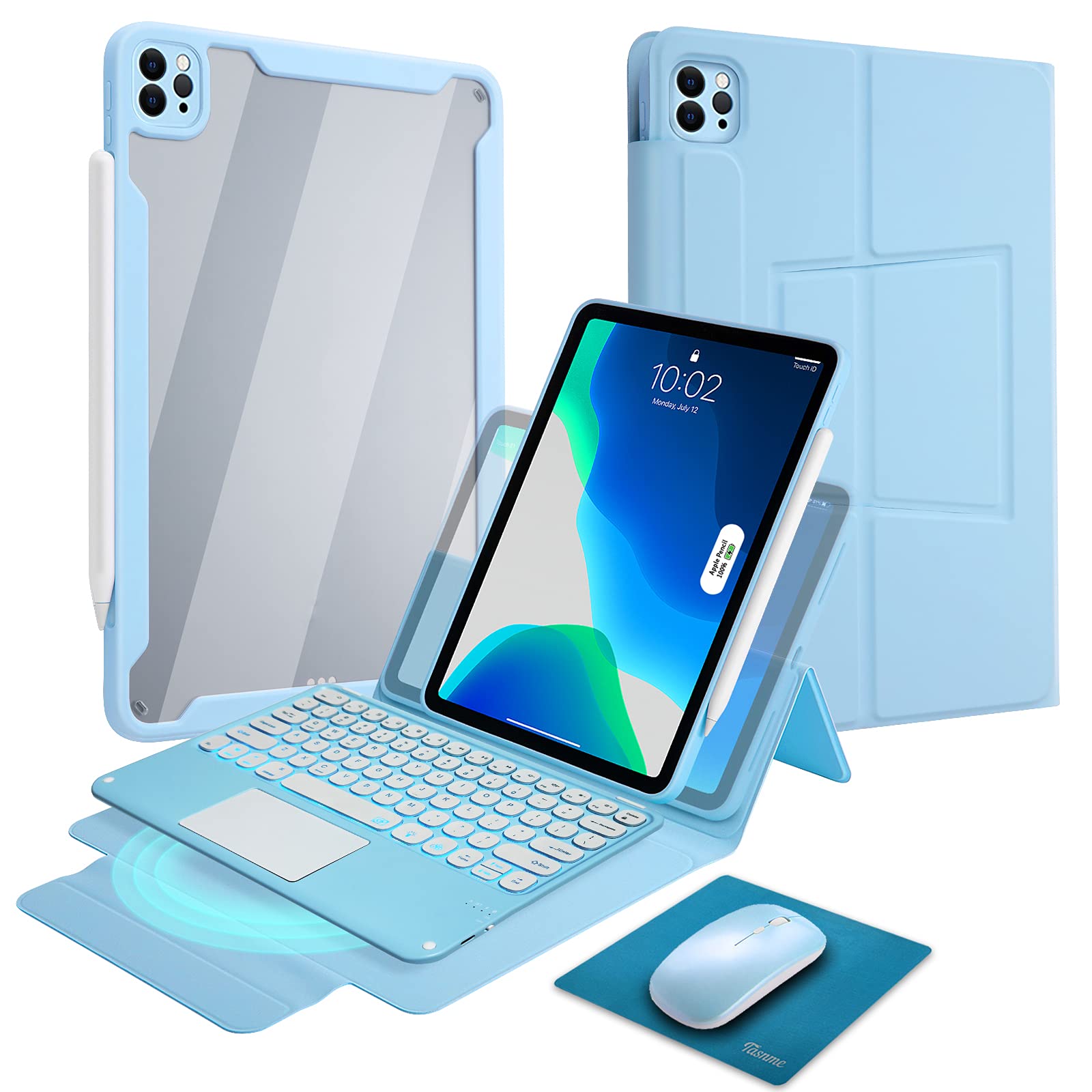 Tasnme Backlit TrackPad Keyboard for iPad Pro 12.9 5th Gen 2021【Love Me-Home】【Vertical and Horizontal Stand 360 Degree Rotation】【Hang on Fridge-Hand Free】Shining 7 Colours Changing Keyboard Case Blue