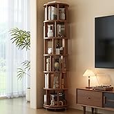 Muwuele 6 Tier Solid Wood Rotating Bookshelf Tower on Wheels, Walnut | 360&deg; Spinning Bookshelf, Hold 120 Books, Lockable Wheels, Corner Bookcase for Small Spaces, Bedroom, Home Office, Kids Room