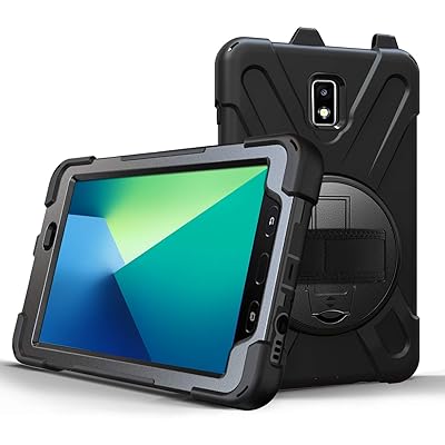 Case for Samsung Galaxy Tab Active 2 2019 8.0 Inch SM-T390/T395,Kickstand with 360 Degree Rotatable 3 Layer Hybrid Heavy Duty Shockproof Hand Strap and Shoulder Strap Design for T390 Tablet(Black)