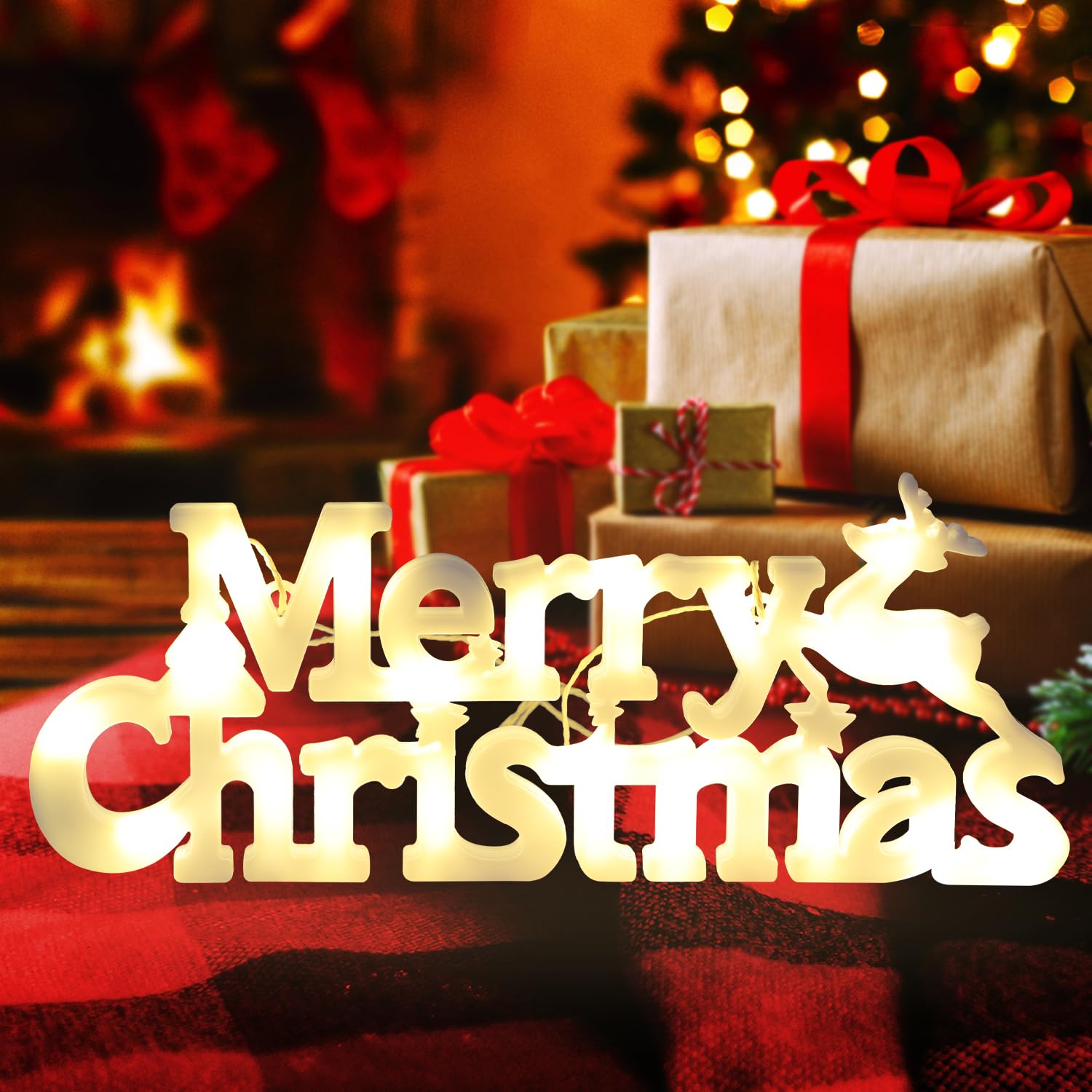 JOFONY Merry Christmas Sign LED Hanging Ornament Light Christmas Glowing Letter Sign for Xmas Tree Wall Door Fireplace Indoor Outdoor