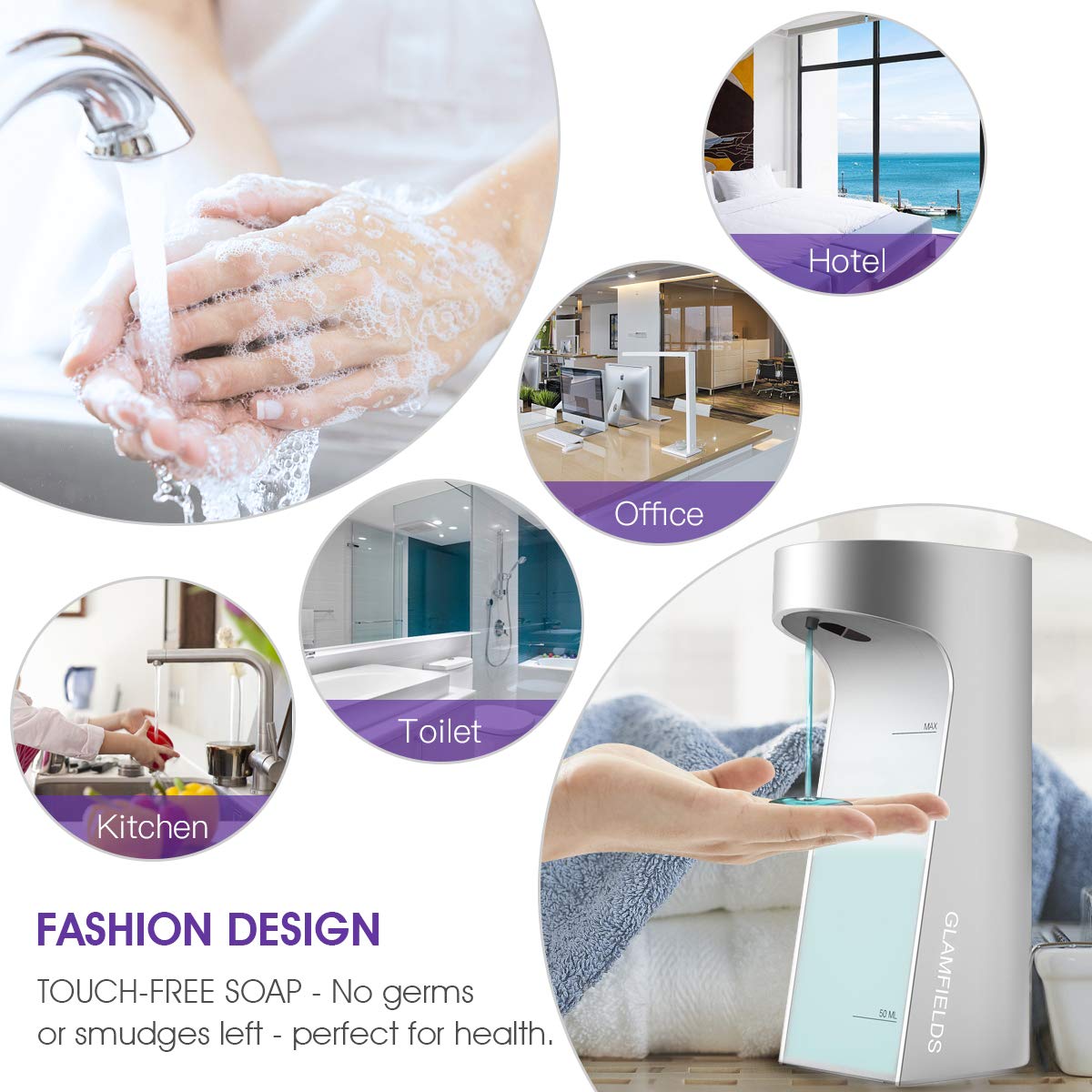 GLAMFIELDS Soap Dispenser Upgraded 13.5oz/400ml Touchless Automatic Soap Dispenser Hands-Free Liquid Dish Soap Dispenser, IPX4 Waterproof for Kitchen Bathroom (Silver)