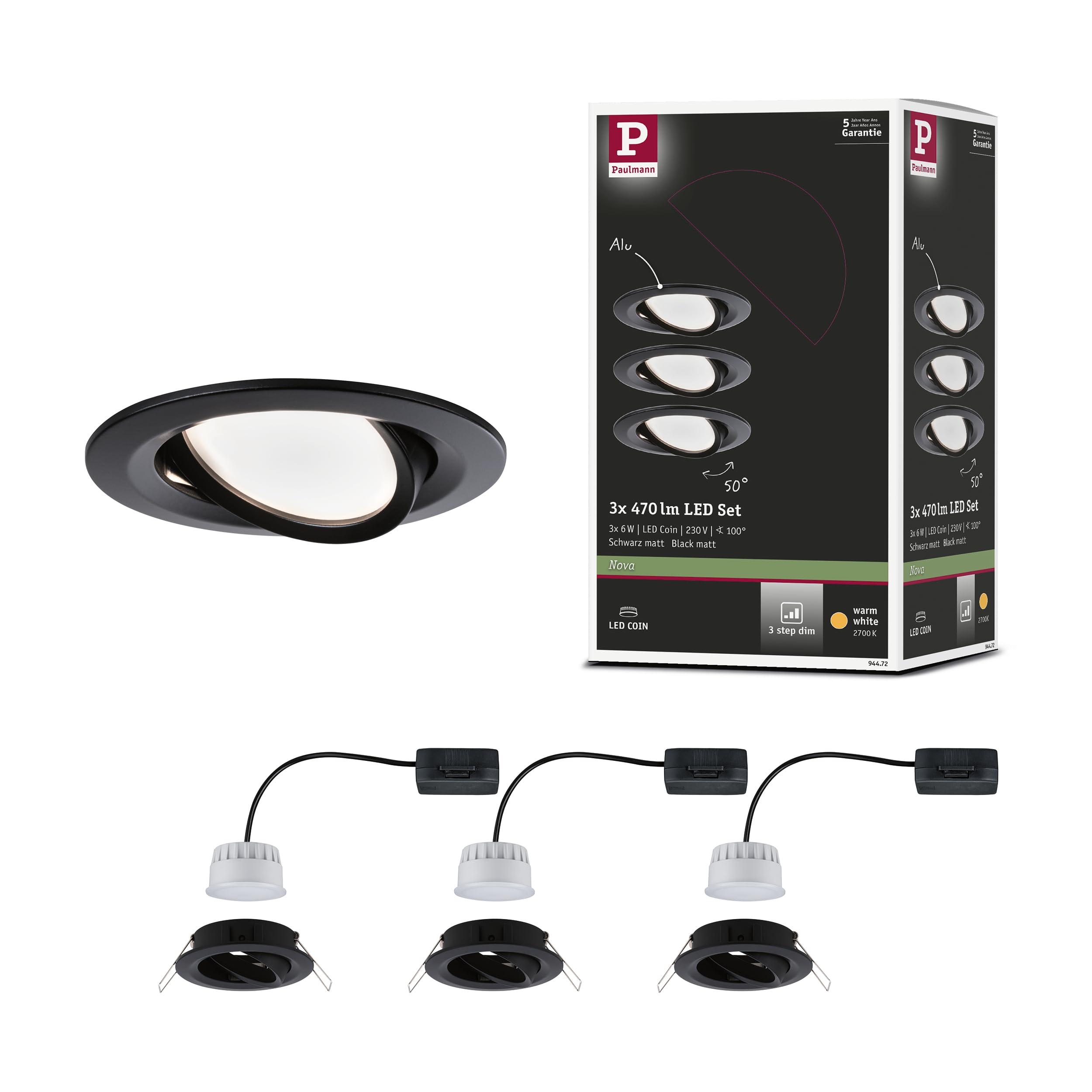 Paulmann 94472 Nova LED recessed luminaire 3-Piece Set Coin swivelling Warm White 3-Step dim Round incl. 3x6.5 watt dimmable recessed Spotlight Black matt spot Aluminium recessed lamp 2700 K Coin