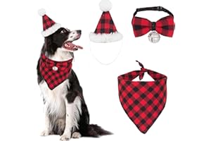 ADOGGYGO Christmas Dog Bandana Hat Bow tie Set - Classic Red Plaid Pet Xmas Scarf Hat Christmas Costume Outfit for Medium Large Dogs Pets (Large)