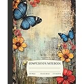 Vintage Butterfly Composition Notebook: Beautiful Floral Journal with Blue Butterflies | College Ruled Lined Paper | 120 Pages | 7.5 x 9.25 in | Aesthetic Writing Notebook for Women and Teens