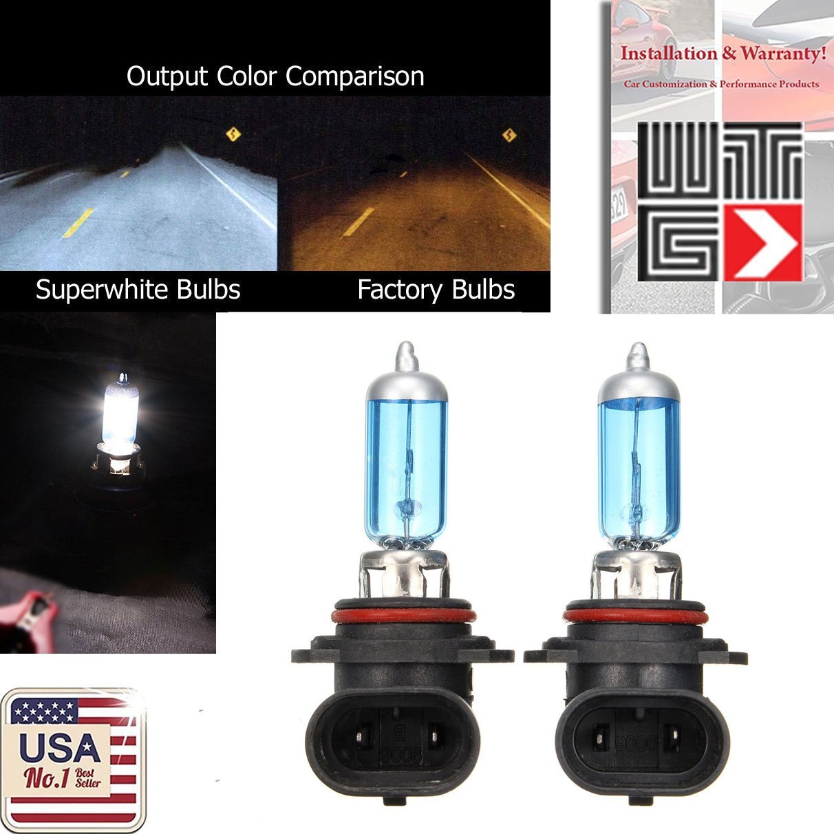 WTG 9006 (Low Beam) Super White Xenon Halogen Headlight Light Bulbs 55W (Contains 2 Bulbs)