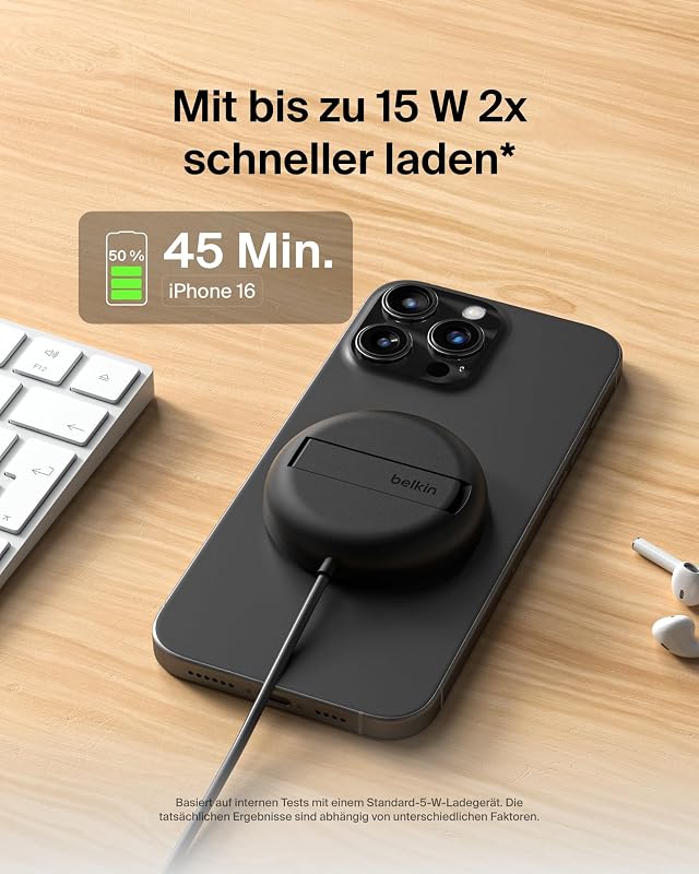 Magnetisches Kabelloses Ladegerät (15W) mit Ständer – zertifiziertes MagSafe Ladegerät, Qi2 Ladestation für iPhone 16, 15, 14, Samsung Galaxy S25, S24, AirPods usw. (mit Netzteil) – Schwarz