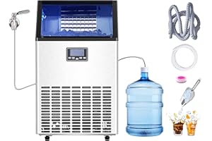 VEVOR Commercial Ice Maker Machine with 2 Water Inlets, 100lbs/24H Ice Maker with 33lbs Storage Bin, 45 Ice Cubes in 15 Mins, LED Digital Display Freestanding & Self-Cleaning for Bar Office Restaurant