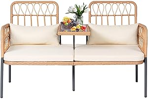 PROHIKER Patio Furniture Outdoor Rattan Loveseat 2-Seat with Built-in Table, Lumbar Pillows and Cushions, All-Weather Wicker Loveseat Porch Chairs for Balcony, Lawn, Backyard