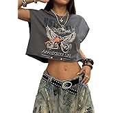 Floerns Women's Car Letter Graphic Print Cap Sleeve Round Neck T Shirt Crop Tops