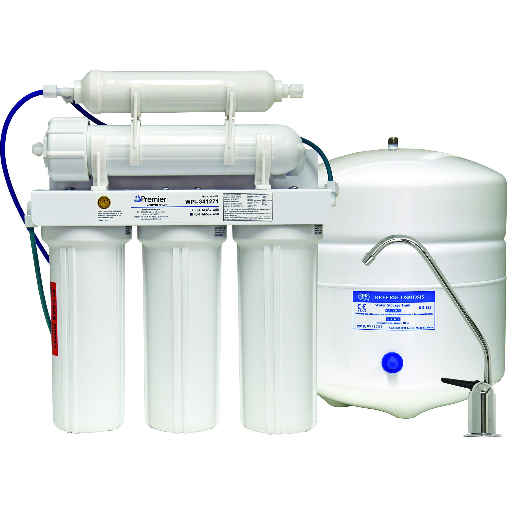 Watts Premier 5SV 5 Stage Reverse Osmosis System, Chrome Air Gap Faucet, 3 Gallon RO Storage Tank, Sediment Filter, 2 Carbon Block Filter, Membrane, GAC Inline Filter