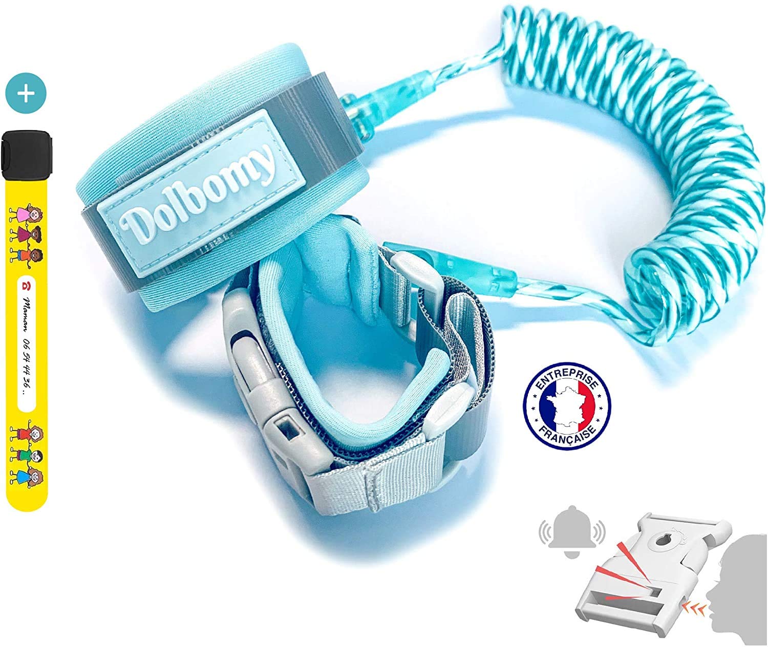 Dolbomy Safety Bracelet for Children and Babies – 2 m Long in Strong and Elastic Steel – with Key Lock and Emergency Whistle – Wrist or Pushchair Harness Anti-Lost
