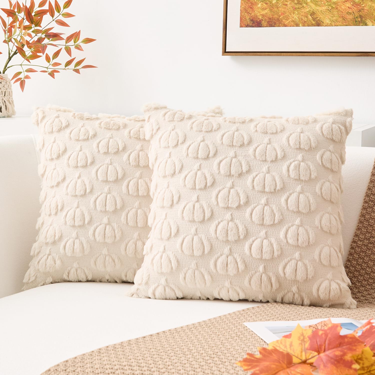 Photo 1 of Kevin Textile Fall Pumpkins Pillow Covers 18x18 Inch Set of 2 Cute Autumn Decorative Square Pillowcases Soft Faux Fur Cushions Harvest Gift for Couch Sofa Chair Bedroom Home Decor, Beige