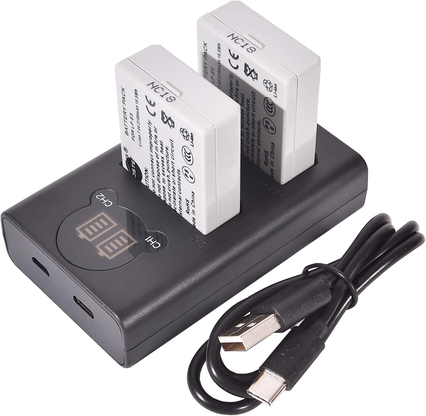 DSTE Battery Charger, 2x LP-E5 Replacement, 8.4V 2100mAh Li-ion, Dual USB Charger with LCD Display