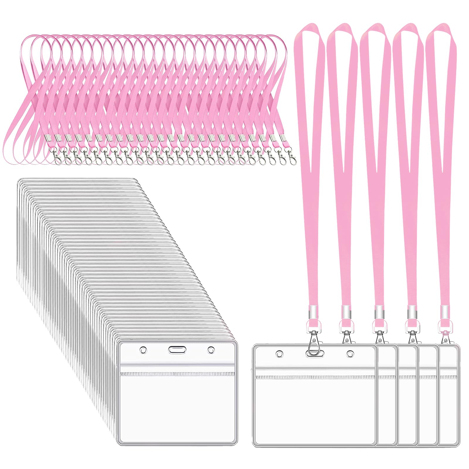 XHDA Pink 50PCS Lanyards for Neck with 50PCS Card Holder, Lanyard with Clear Plastic Card Holder for ID Card and Staff