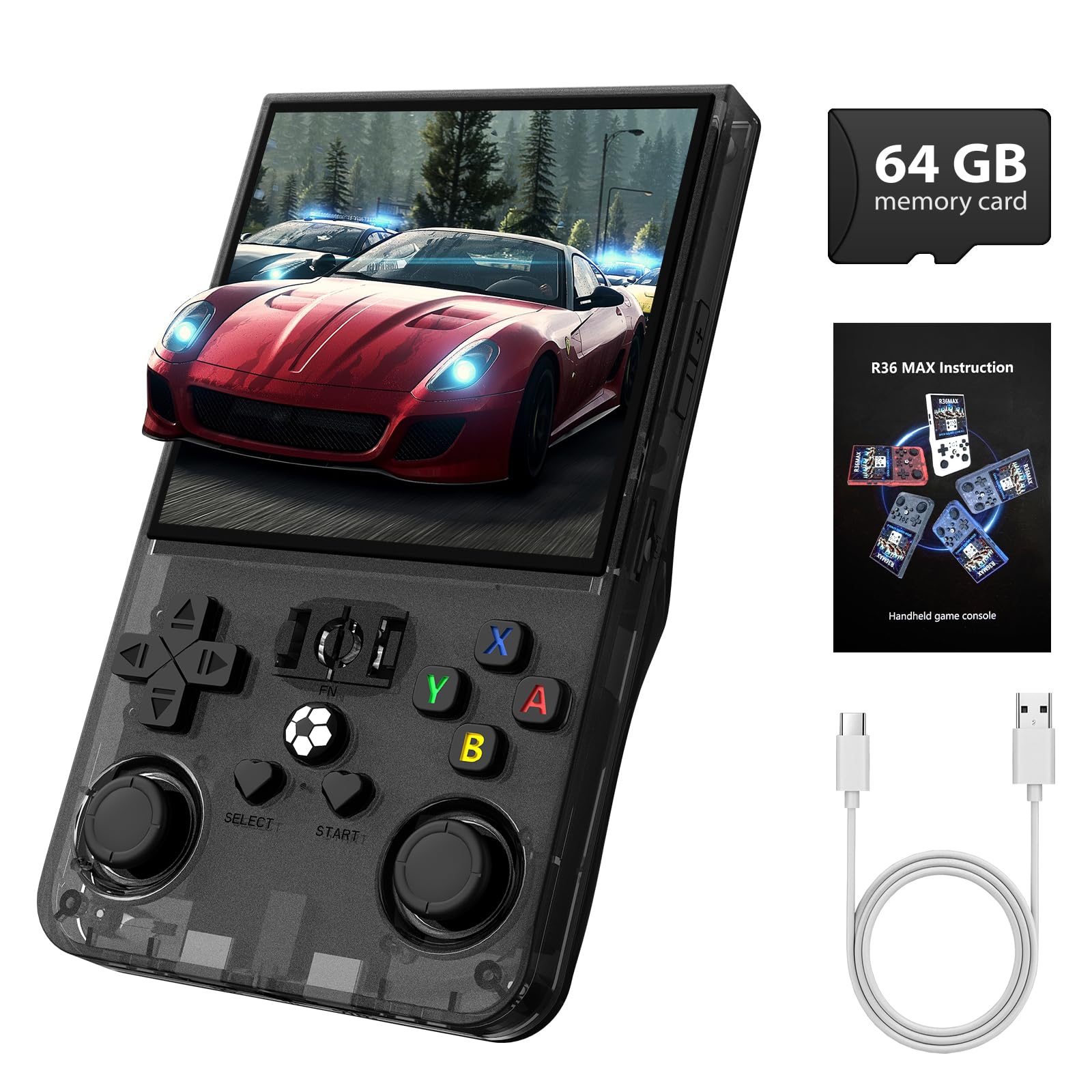 Photo 1 of R36MAX Retro Handheld Game Console - 64GB Preloaded Classic Video Games, Support 30+ Simulators, Linux-Powered Portable Game Emulator Console with 4.0-in HD IPS Screen(Transparent Black)