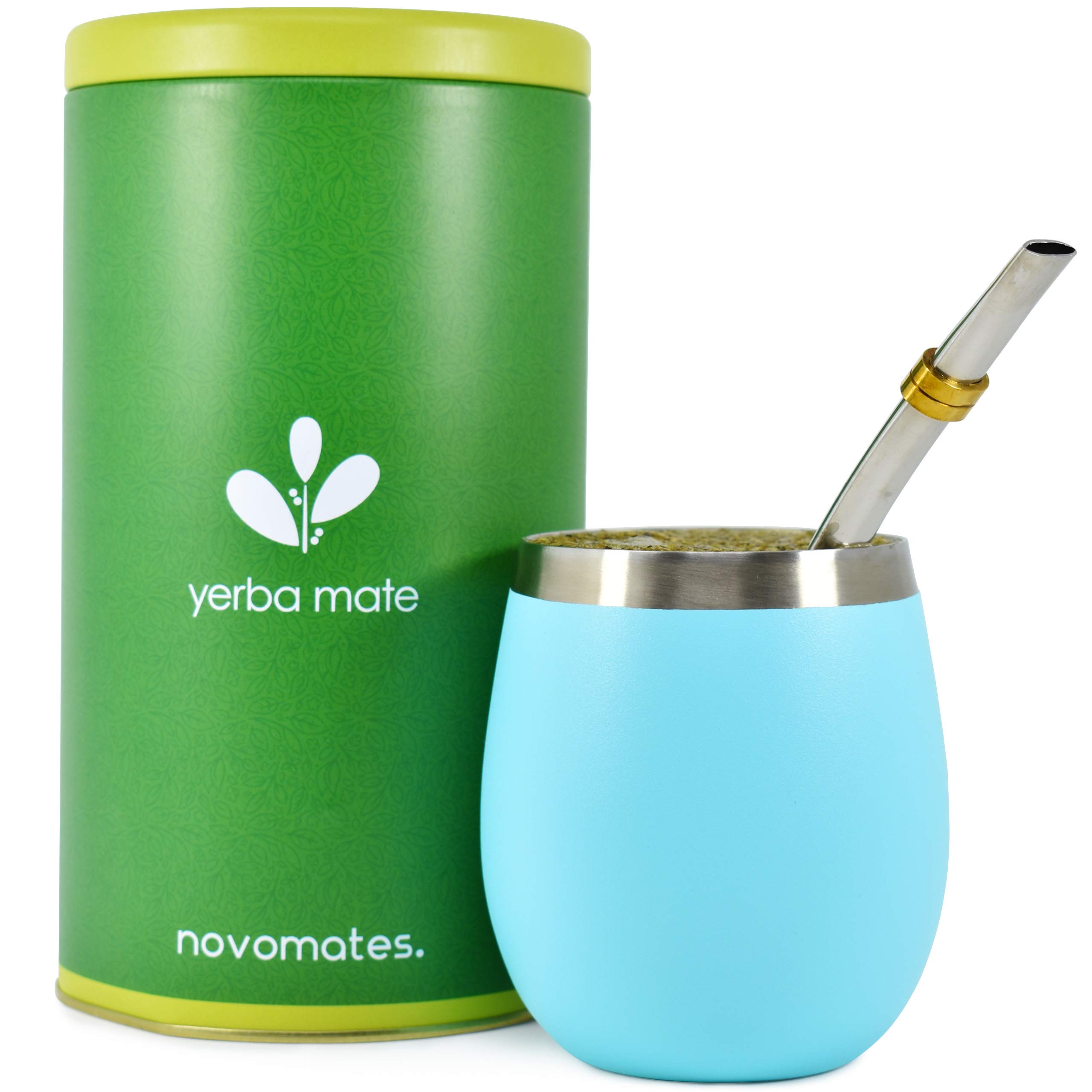 Novomates [New] Yerba Mate Cup - Best Yerba Mate Set - Double Wall Stainless Steel Yerba Mate Tea Cup with Stainless Steel Yerba Mate Straw + Yerba Container - Novomates Mate Cup 8oz (Teal, 237ml)