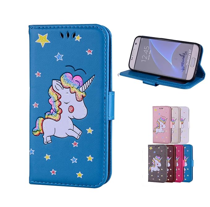 E-Panda kompatibel mit Samsung Galaxy S7 Hülle Blau Einhorn Glitzer Muster Design PU Leather Wallet Cover Flip Case Handyhüll