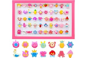 YNANIMERY 50 Pcs Little Girl Jewel Rings, 3 4 5 6 Year Old Girl Birthday Gifts for Party- Adjustable & No Duplication Kids Play Ring in Box for Pretend Play and Dress Up Jewelry Set Stuffers Party Favors