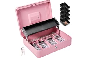 ZYNKORA Cash Box Metal Money Box with Tray & Key Lock,Tiered Locking Cash Boxes,Durable Lock Safe Box with Key,4 Bill 5 Coin Slots,Cantilever Design, Pink