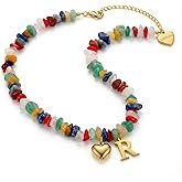DEPHINI 18K Gold Plated Initial Necklace for Women, Colorful Natural Gemstone Beaded Necklace with Heart & Alphabet Letter Pendant, Stainless Steel Boho Personalized Jewelry Gift (R)