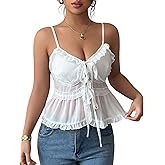 SweatyRocks Women's Y2k V Neck Ruffle Trim Tops Summer Sleeveless Spaghetti Strap Women Shirts