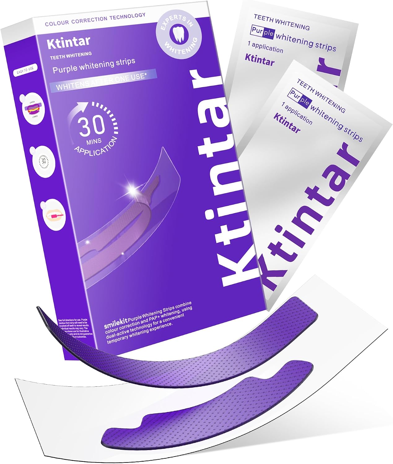Ktintar Purple Whitening Strips, Color Correcting Purple Teeth Whitening Strips for Sensitive Teeth, Removes Yellow Stains, Enamel Safe, 30 Min Treatment, 14 Treatments, 28 Strips