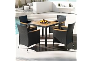 COSTWAY 5-Piece Patio Dining Set for 4, Outdoor Rattan Wicker Table and Chairs Furniture Set with Umbrella Hole, Acacia Wood 