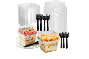 Ai-OUMLEEF Square Clear Dessert Cups, 8 oz, 50 Pcs with Lids and Sporks, Fruit Cups with Lid for Party, Yogurt Parfait Contai
