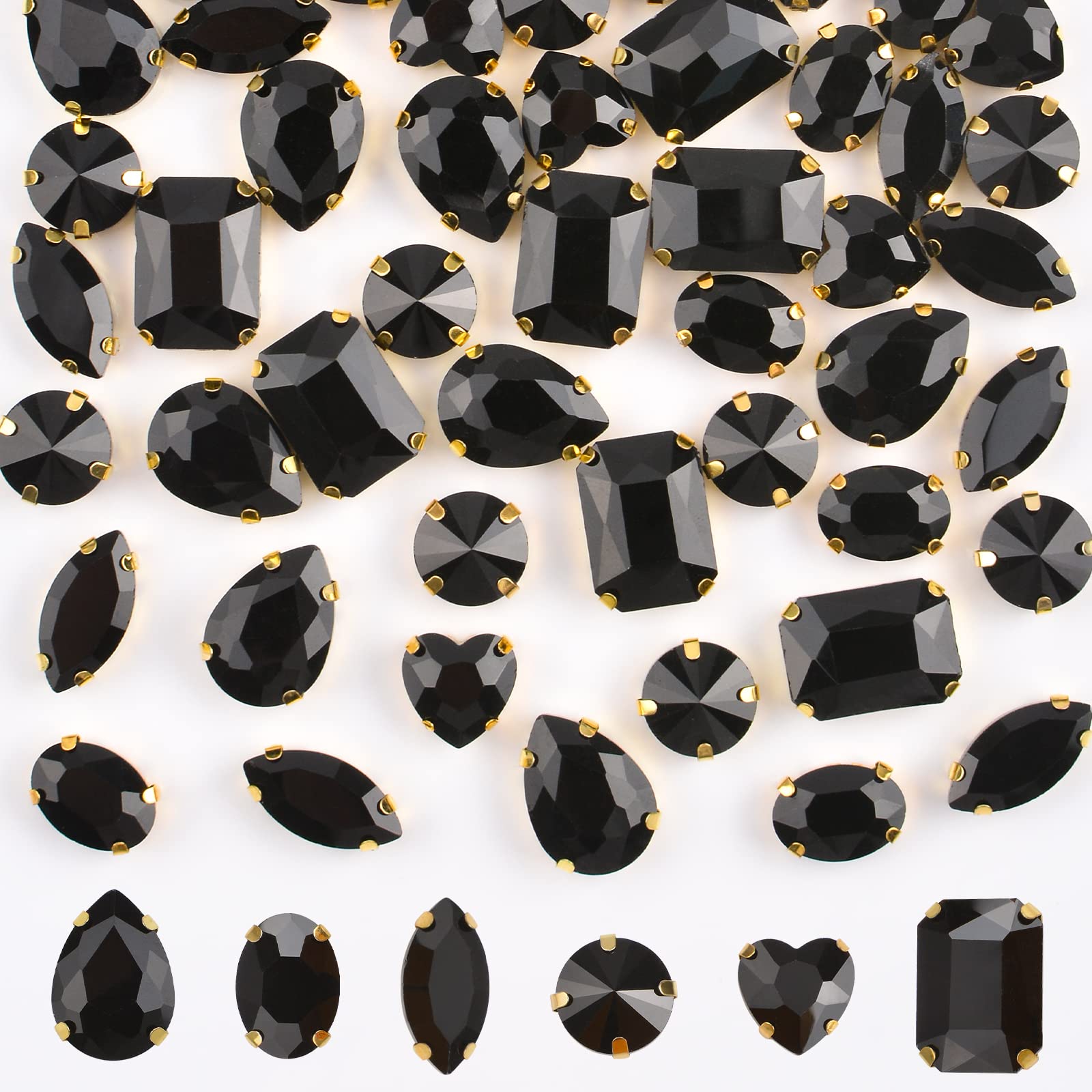 URROMA 60pcs 6 Styles Sew on Rhinestones with Claw, White Gold Bottom Acrylic Glass Sewing Gems Flat-Back Setting with 4 Holes for Craft, Clothes, Wedding Decorations