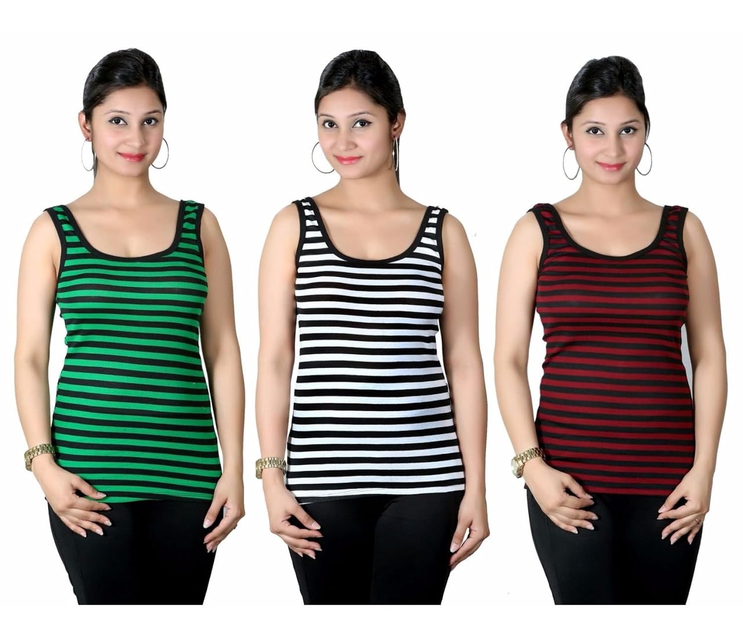 q-rious women's cotton lycra striped camisoles (pack of 3)