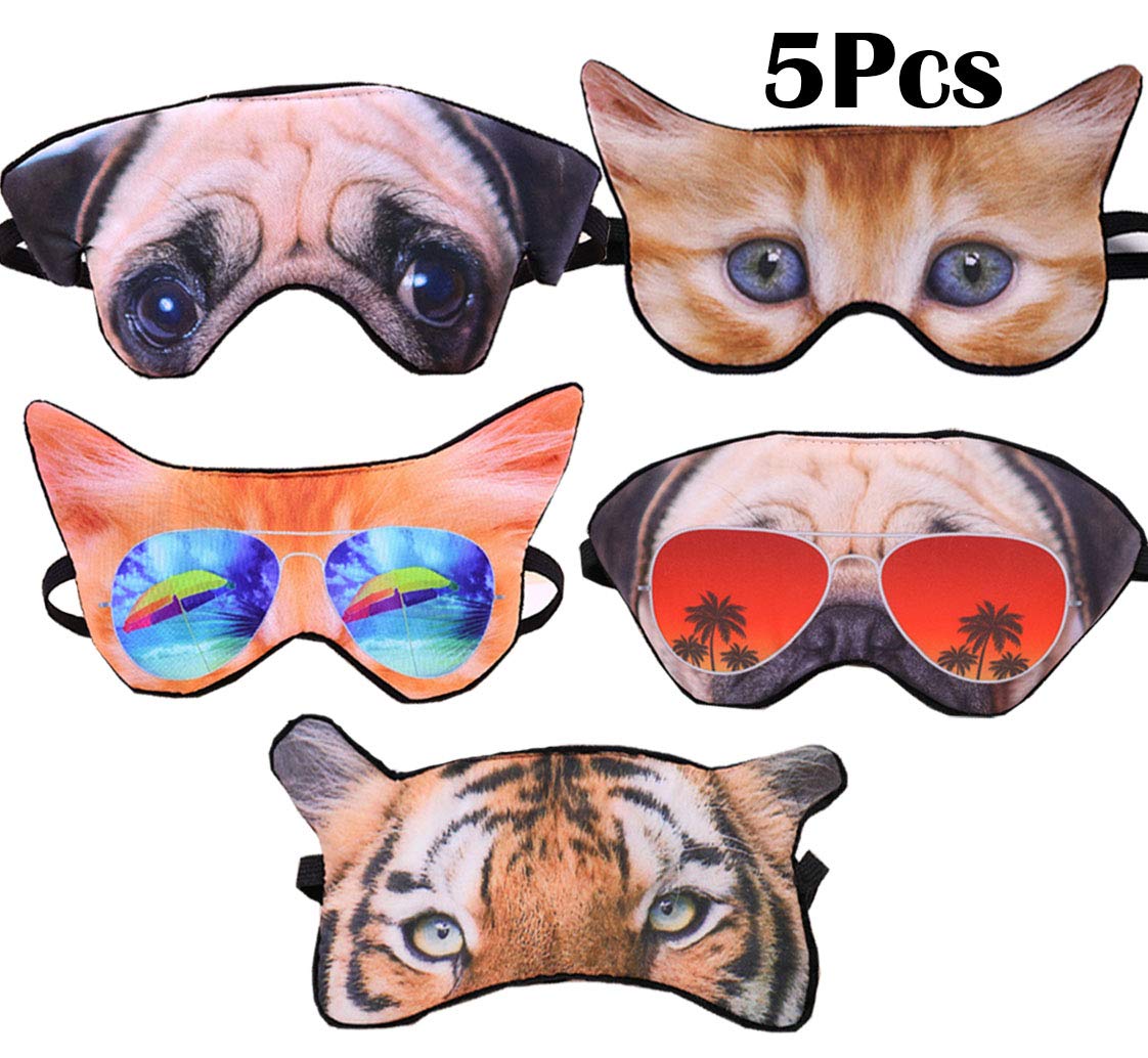 5 Pack Cute Animal Funny Sleep Eye Mask for Sleeping Cat Dog Soft Plush Blindfold Sleep Masks Eye Cover Eyeshade for Kids Girls Men Women Plane Travel Nap Night Sleeping