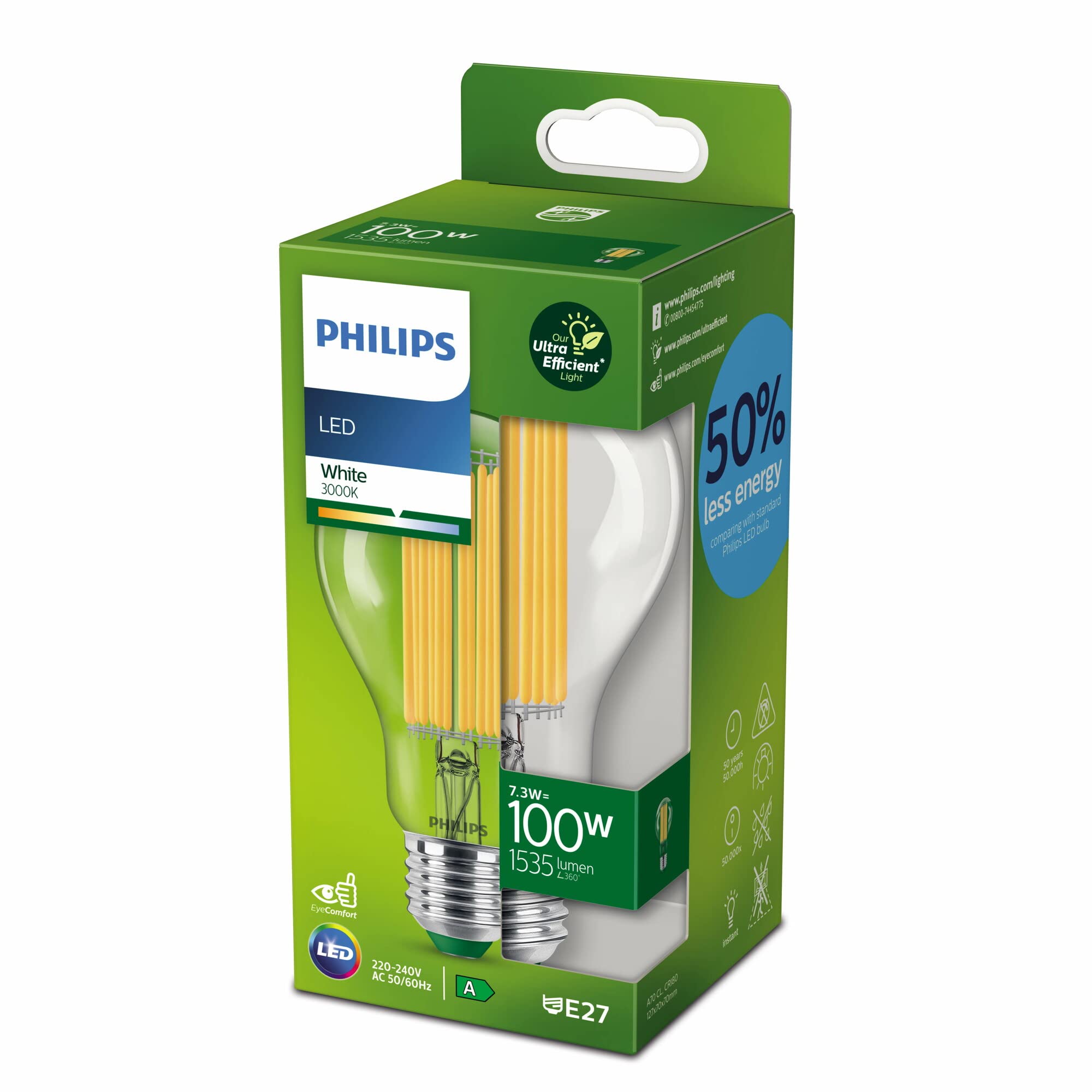 Philips LED Ultra Efficient Light Bulb A Label Energy Rating [White 3000K - E27 Edison Screw] 100W A70 Clear. For Indoor Home Lighting.