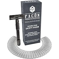 50 BLADES + Facón Classic Long Handle Double Edge Safety Razor - Platinum Japanese Stainless Steel Blades - Butterfly Open Sh