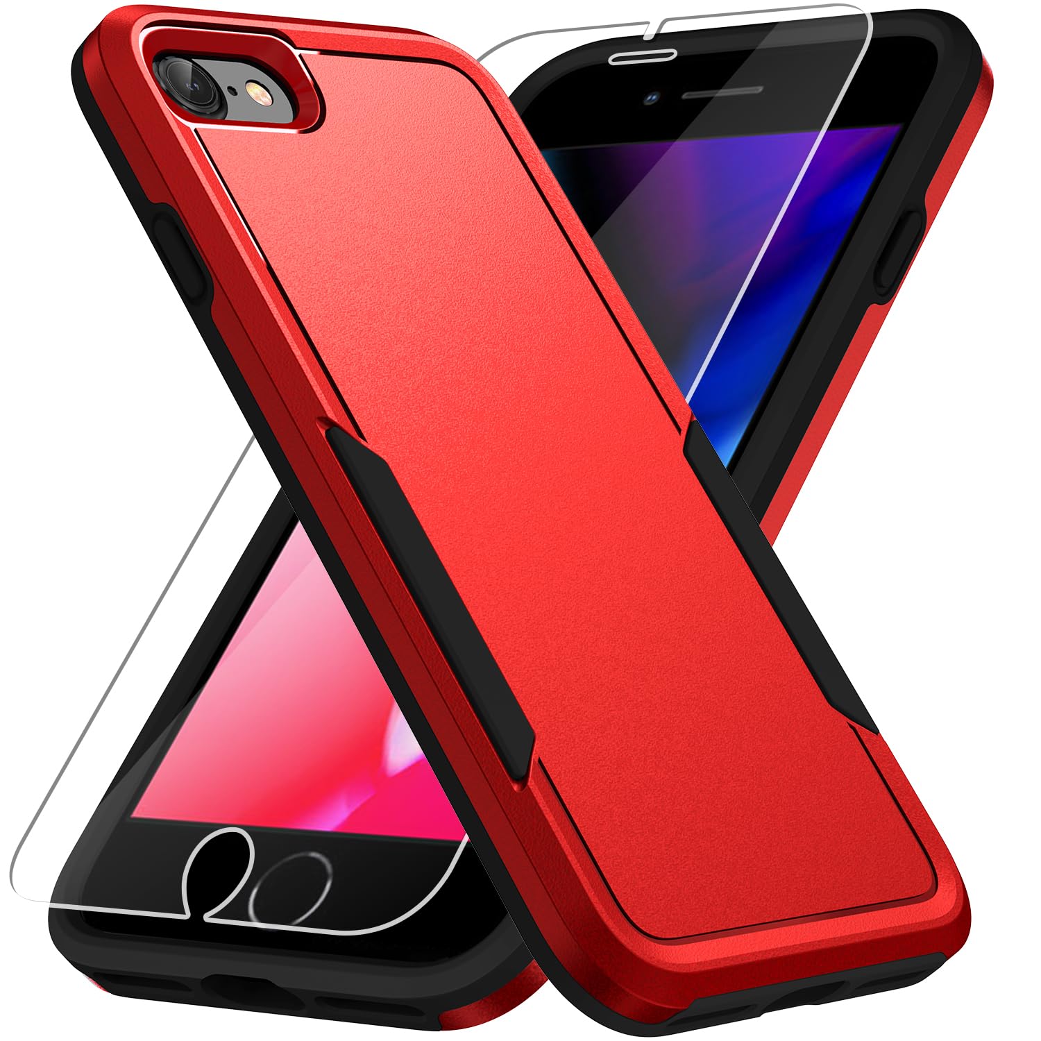 Warsia for iPhone SE Case 2022(3rd)/2020(2nd)/iPhone 7/8 Case, with Screen Protector,[Military Grade Drop Tested] Heavy-Duty Tough Rugged Shockproof Protective Phone Case, Red