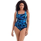 Longitude by Mimi Flamingo Women's Swimwear Summer Waves Side Shirred Tank One Piece Swimsuit, Blue, 12