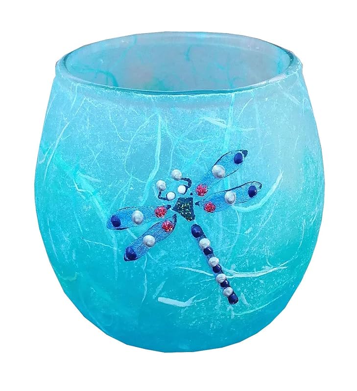 Blue Dragonfly Votive Tea light Candle holder, hand painted on blue and turquoise Strawsilk
