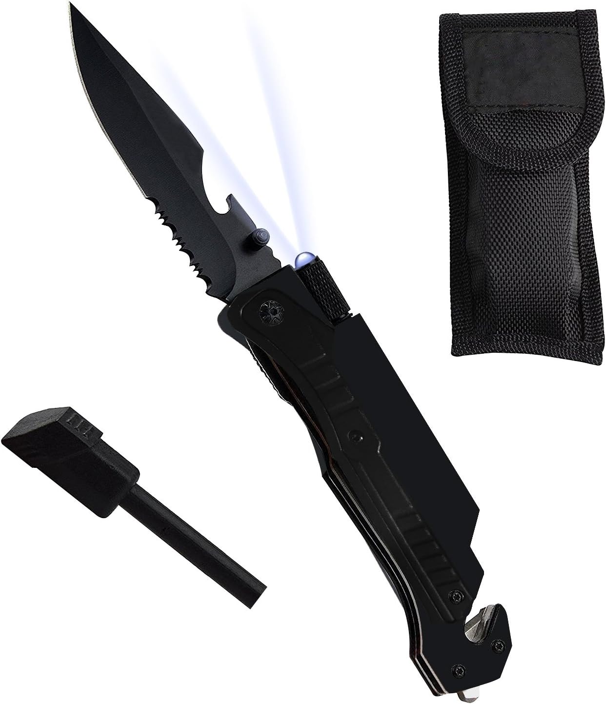Survival Knife: Best 5-in-1 Tactical Pocket Folding Knife with LED Light, Seatbelt Cutter, Glass Breaker & Magnesium Fire Starter For Outdoor Adventure Camping Household Vehicle