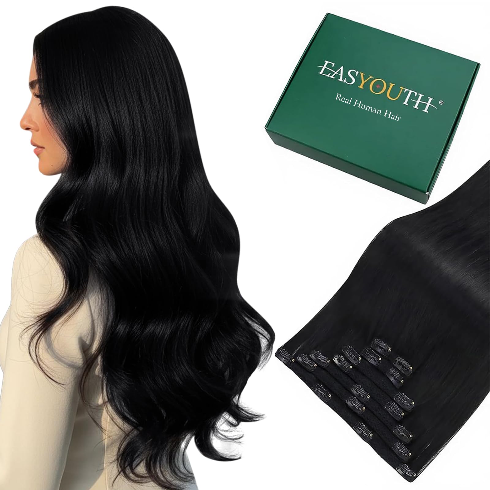 Easyouth Black Clip in Hair Extensions Human Hair Jet Black Clip in Human Hair Extensions 12 Inch 7Pcs 70g Double Weft Clip in Extensions Human Hair