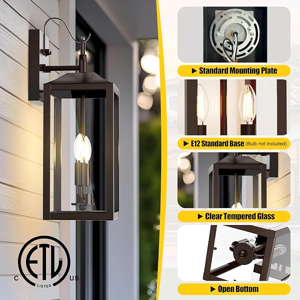 18” LARGE DUSK TO DAWN OUTDOOR LIGHTING, EXTERIOR SENSOR OUTDOOR WALL LIGHTS, INDUSTRIAL FRONT PORCH LIGHT WITH CLEAR GLASS, WATERPROOF OIL RUBBED BRONZE ANTI-RUST OUTDOOR LIGHTS FOR HOUSE GARAGE