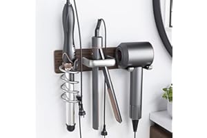 Tindbea Hair Dryer Holder Curling Iron Holder Flat Iron, Blow Dryer Holder Wall Mount, 3 in 1 Bathroom Hair Tool Organizer Rack for Universal Dryer, Walnut Wood Silver Color Metal