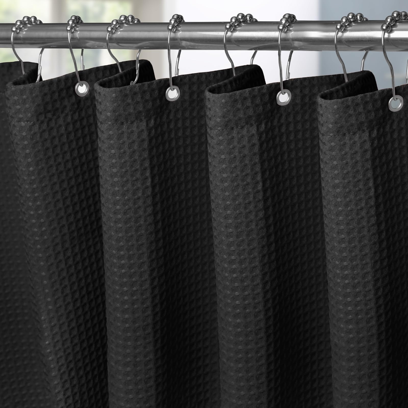 VANZAVANZU Shower Curtain for Bathroom with Metal Hooks Waffle Fabric Shower Curtain Heavy Duty Bath Curtain for Wet Room Bathtub Shower Stall, Weighted Hem, Water Resistant - 182 x 214cm (Black)