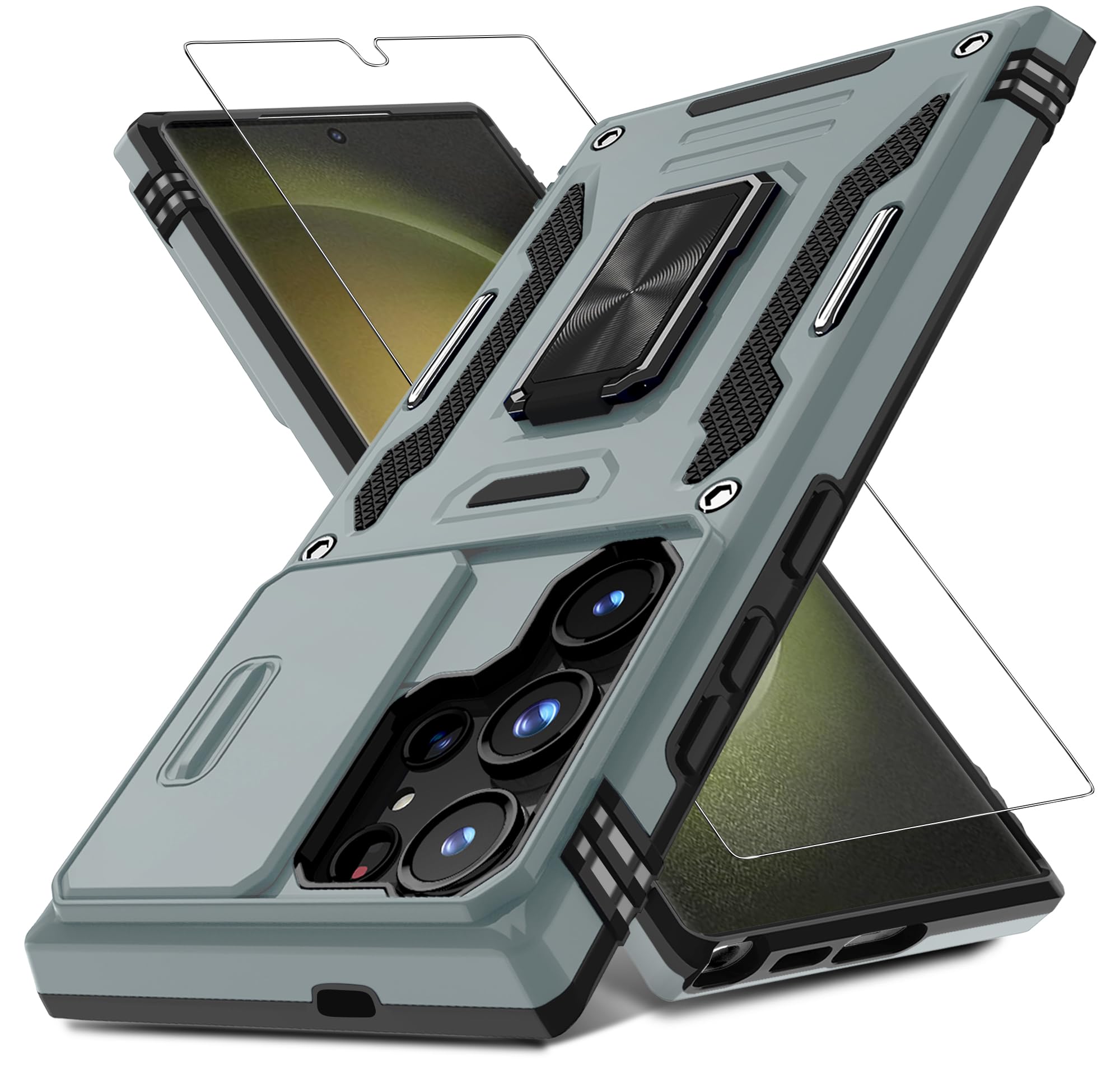 Photo 1 of *SCREEN PROTECTOR NOT INCLUDED* DEERLAMN Case for Samsung Galaxy S25 Ultra with Slide Camera Cover+Screen Protector (1 Pack), Rotated Ring Kickstand Military Grade Shockproof Protective Cover-Grey
