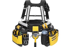 TOOCUST Heavy Duty Tool Belt with Harness and Suspenders – 32 Pockets and Pouches, 1680D Ballistic Material, Reflective Strips for Safety – Tool Belt Suspenders for Men, Electricians, and Carpenters, Yellow
