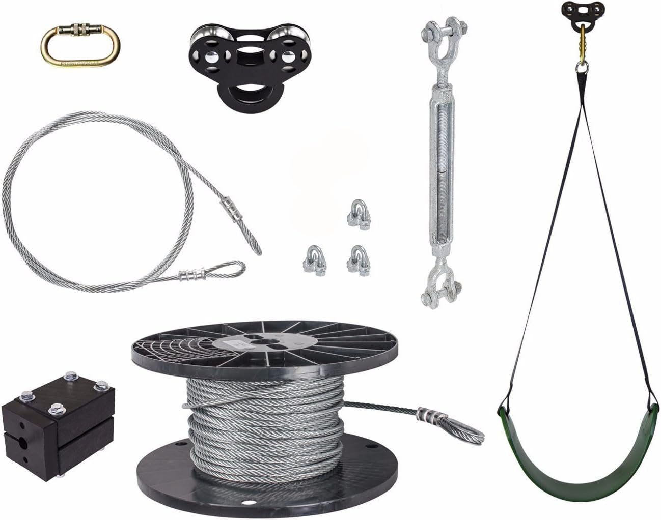 50 FT Black Raptor Zip Line Kit - Includes Swing Seat and Stop Block